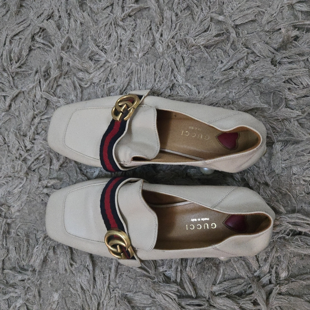 Gucci Peyton White Leather Loafers Pearl Heel Web Stripe GG Logo Sz 39 - Picture 11 of 11